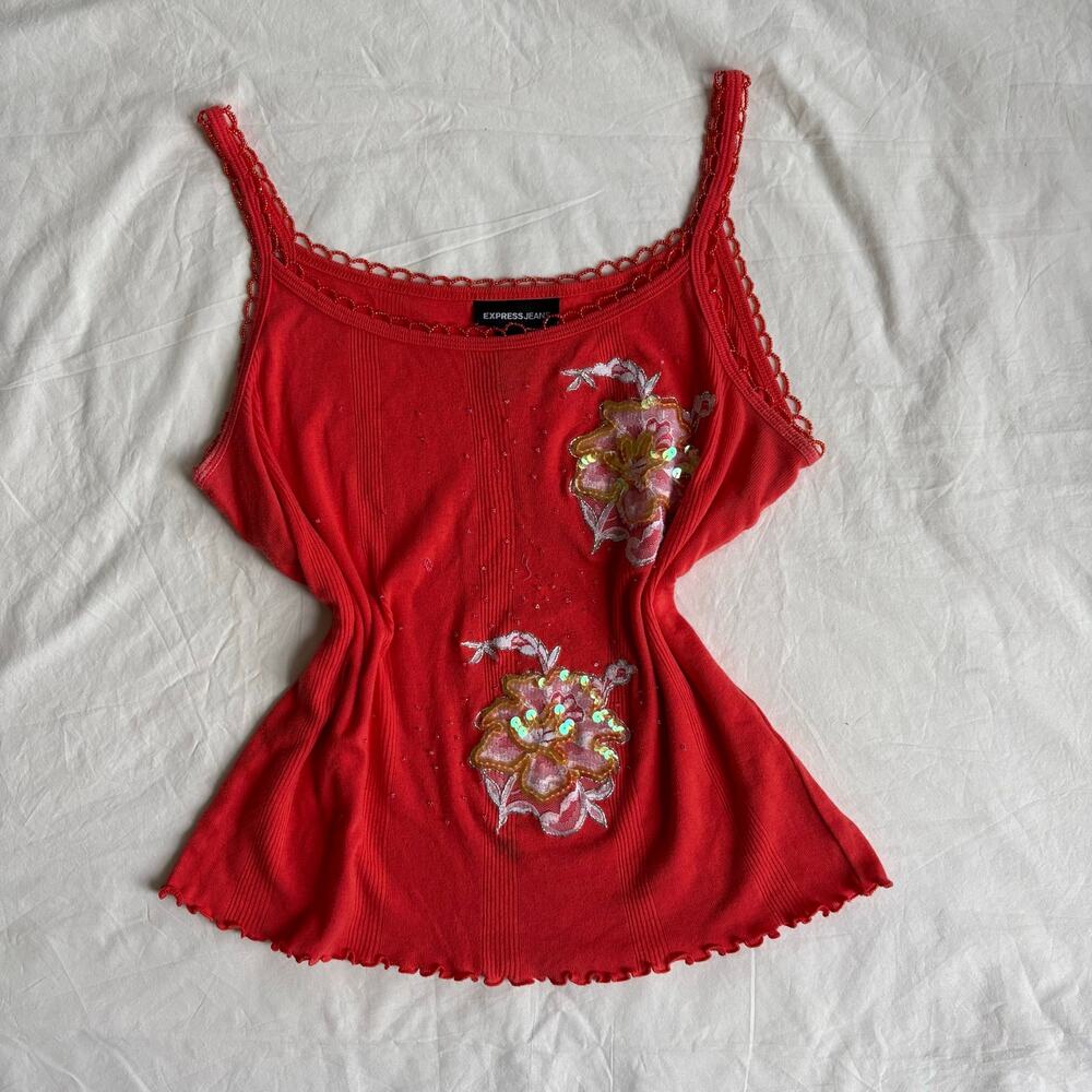 Y2K Express Floral Sequin Cami 100% Cotton - Size Medium
